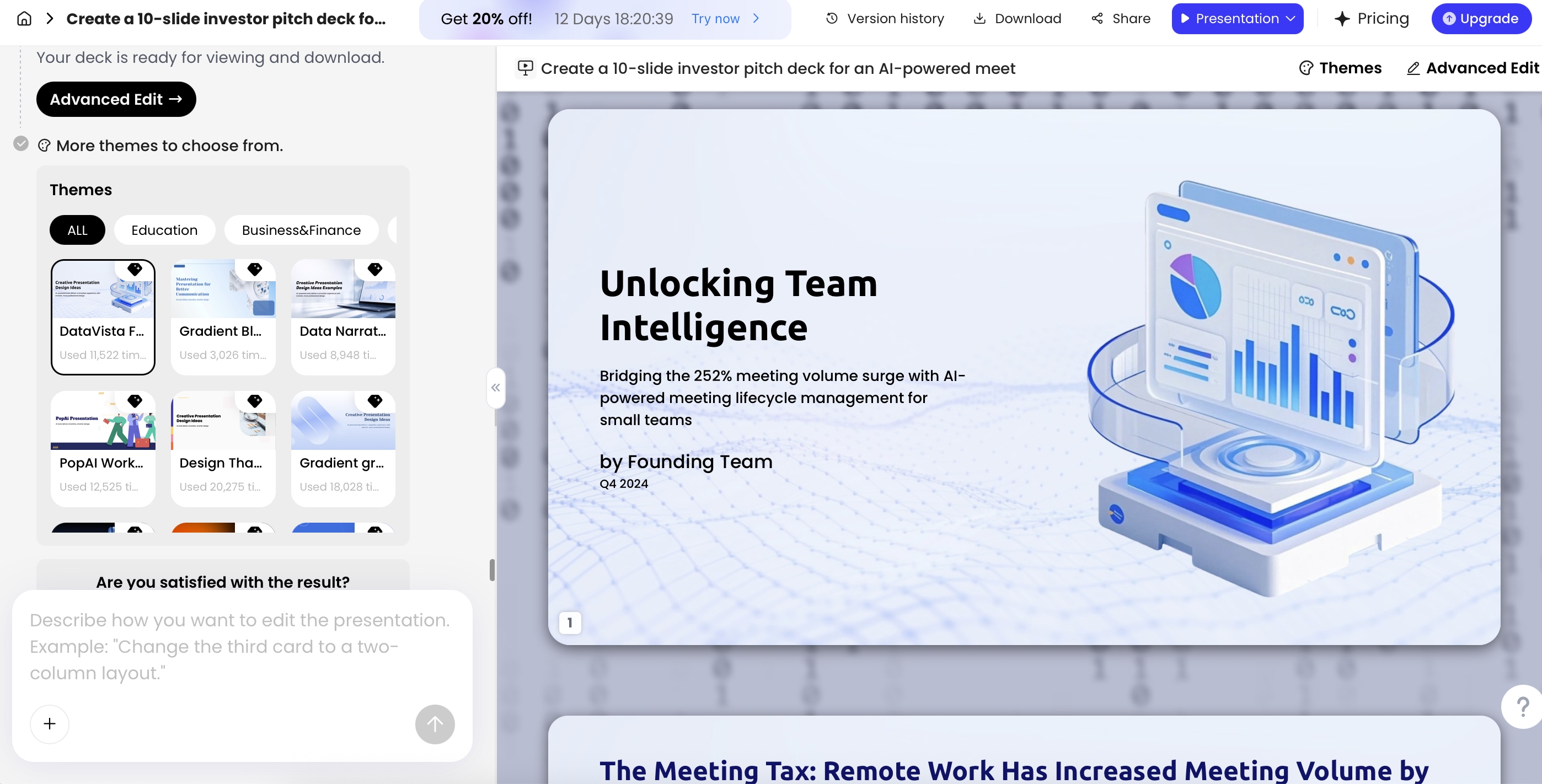 Generated PopAi AI presentation with editing, download, sharing, and version options