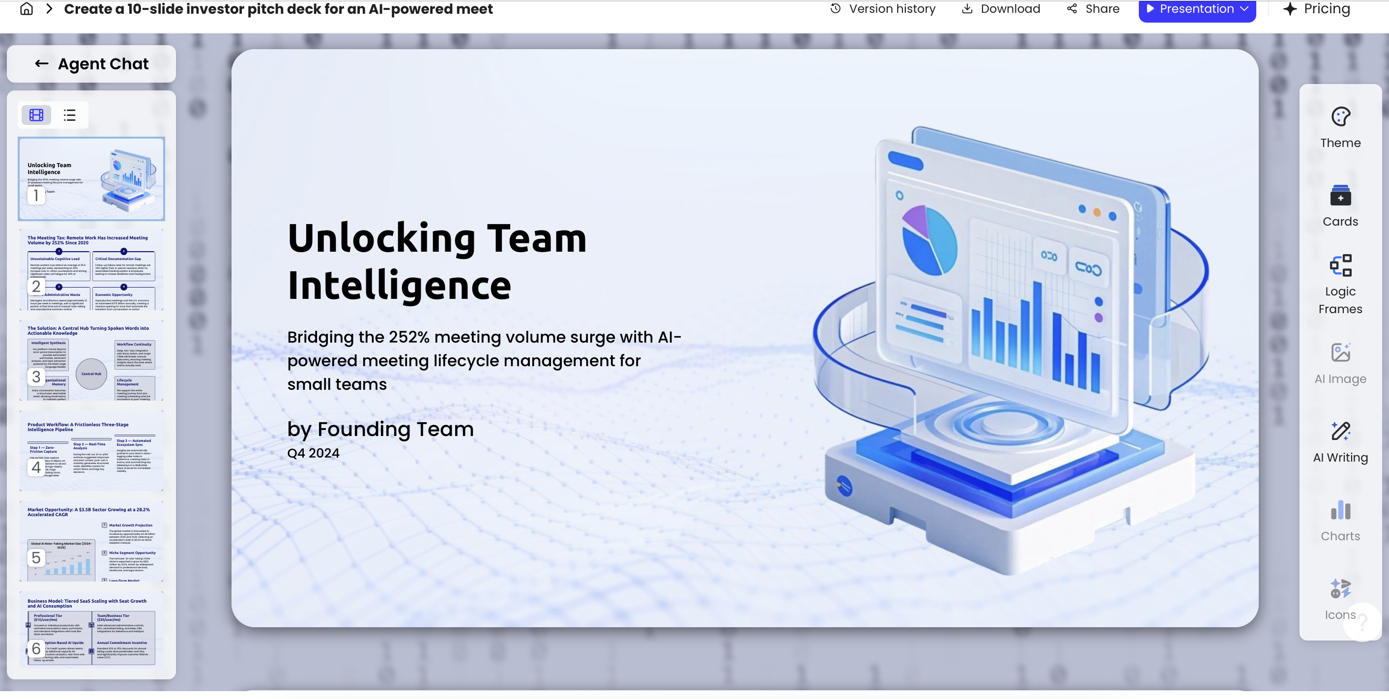 PopAi Advanced Edit workspace for reviewing and refining an AI-generated presentation