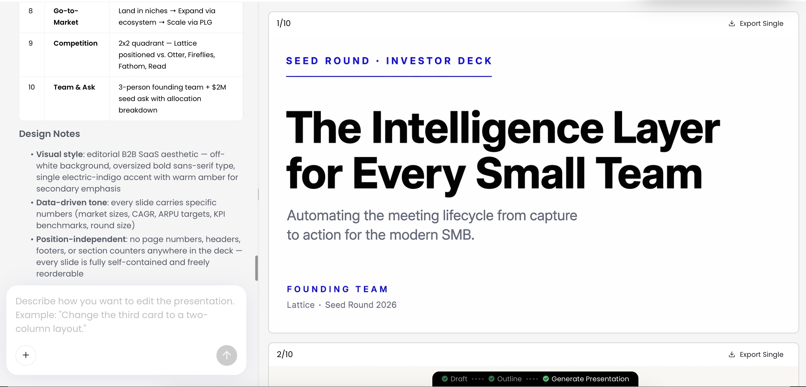PopAi AI Creative Slide result with bold visual layout, design notes, and single-slide export option