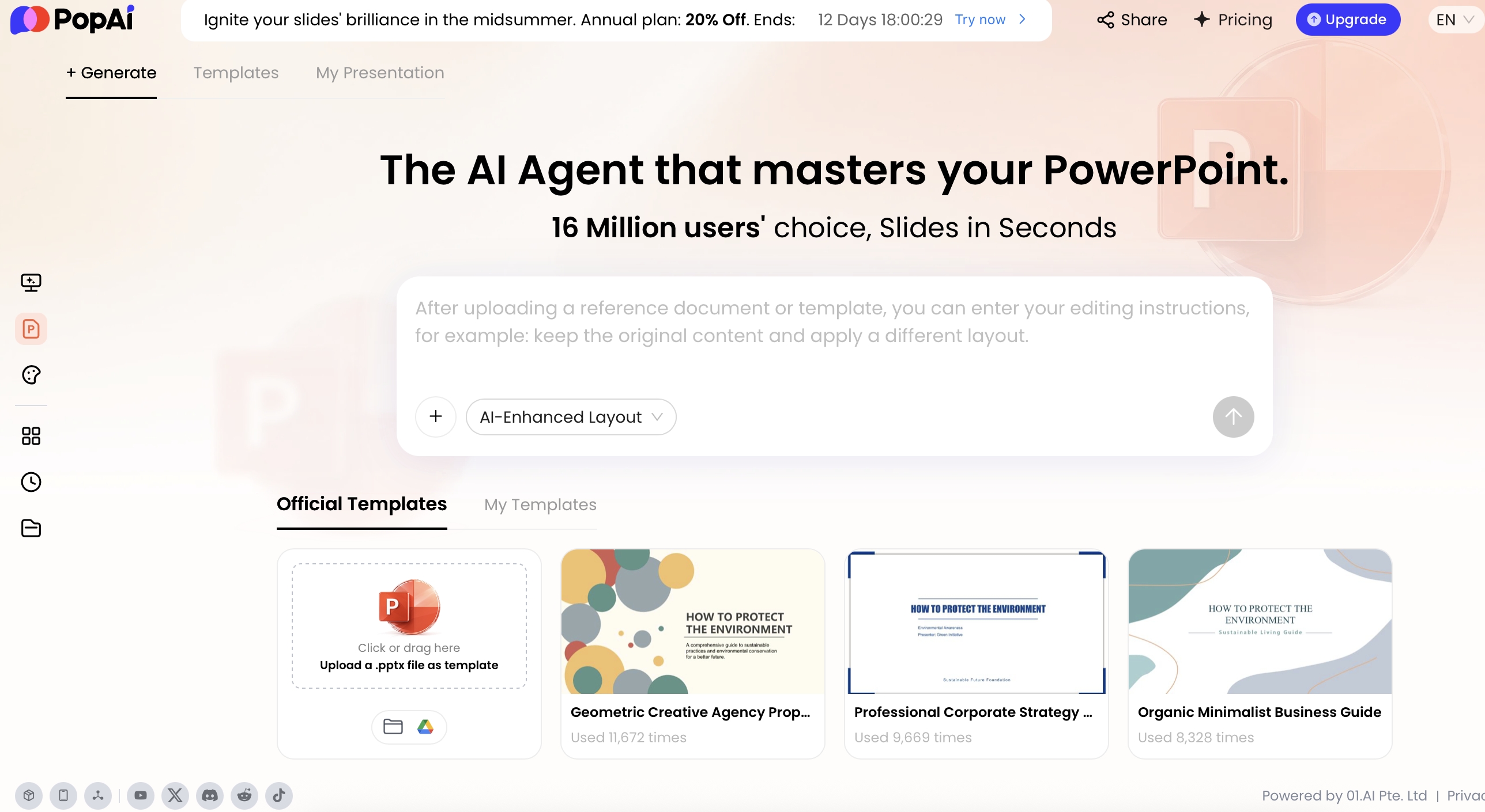 PopAi AI PowerPoint workspace with AI-enhanced layout, official templates, and template options