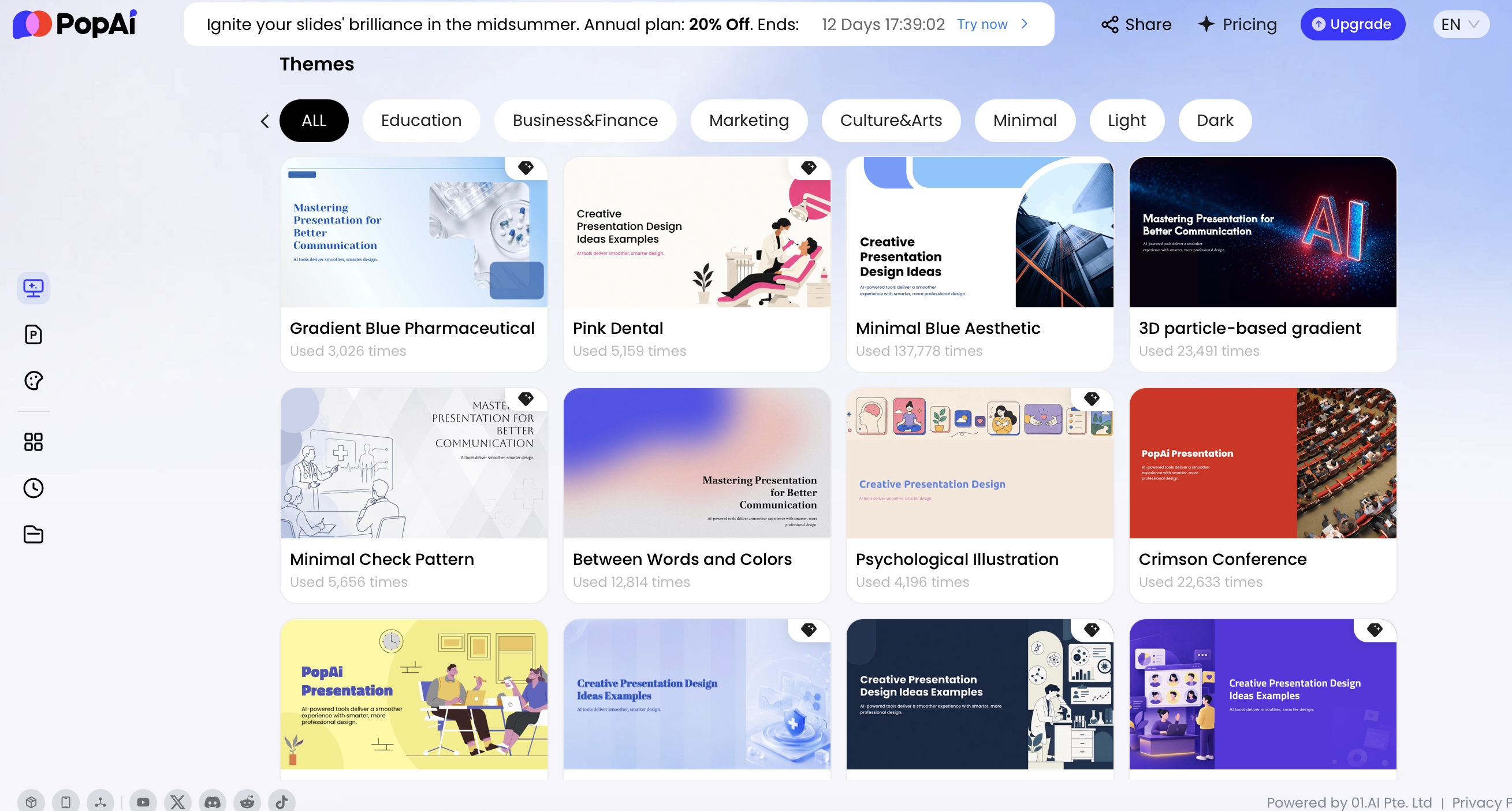 PopAi template library with official templates, personal templates, and PPTX template upload for HR presentation workflows