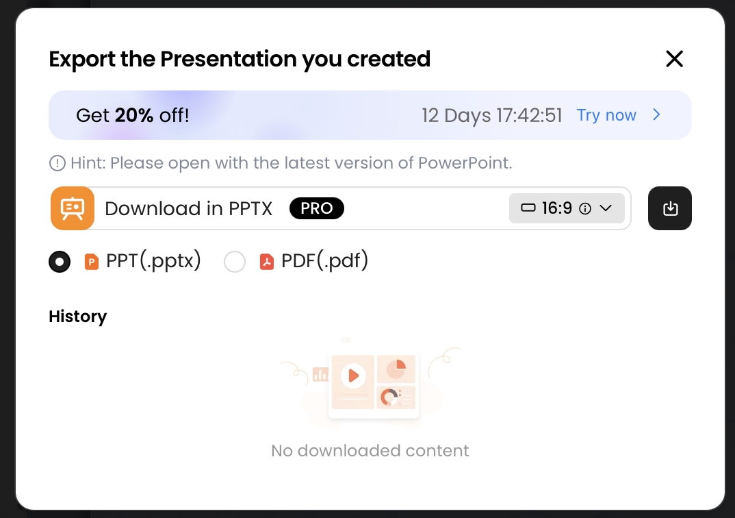 PopAi export menu showing PPTX and PDF download options for an AI-generated presentation