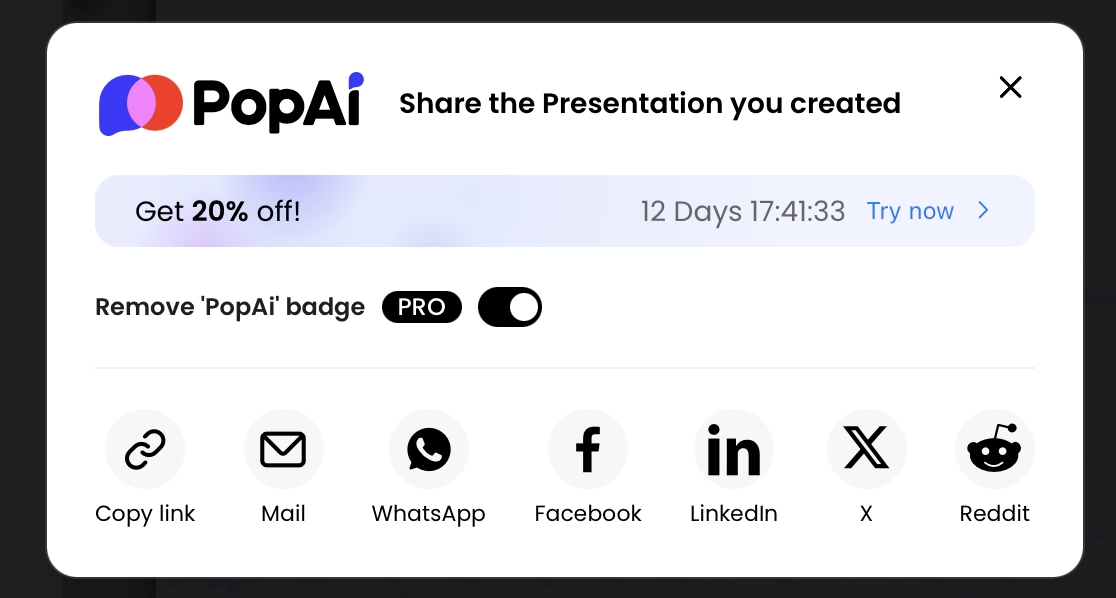 PopAi presentation sharing menu with copy link and common channel sharing options