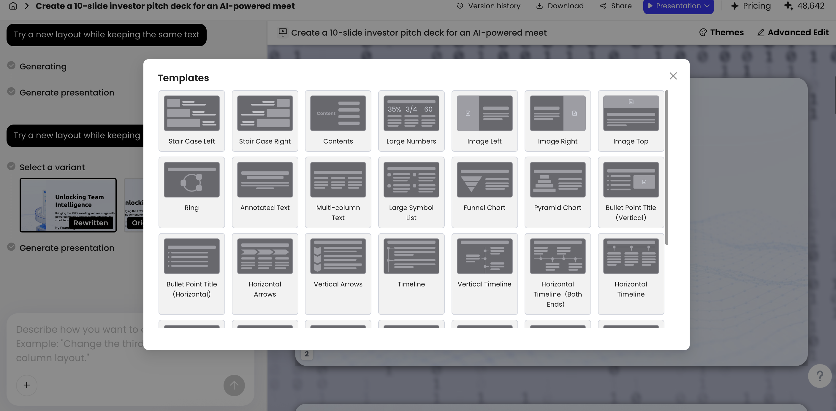 PopAi AI Layout panel showing multiple slide structure options for an AI-generated presentation