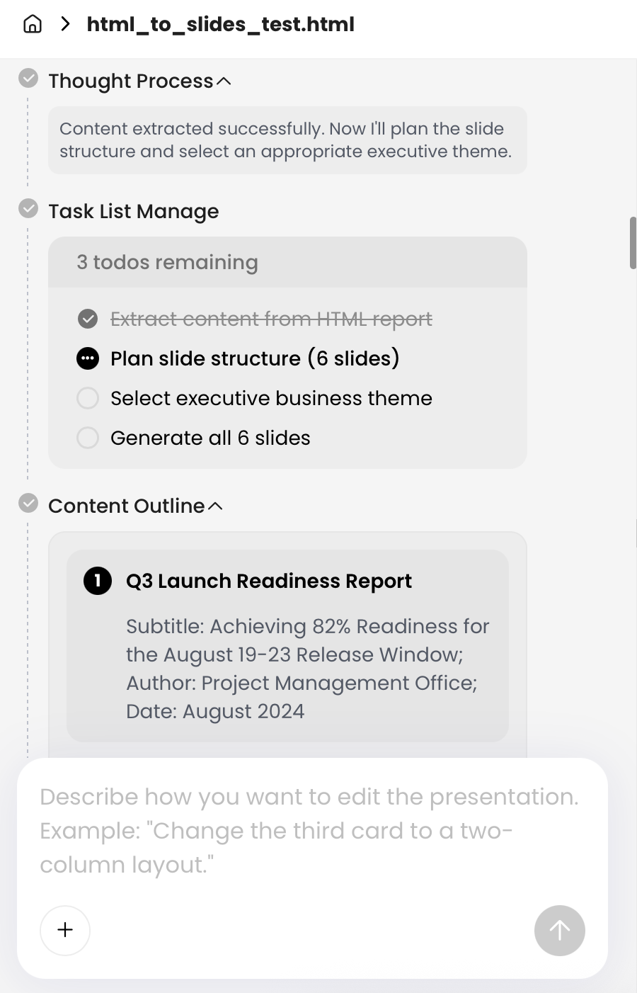 PopAi HTML to Slides workflow organizing source HTML into a six-slide outline for content repurposing and presentation SEO