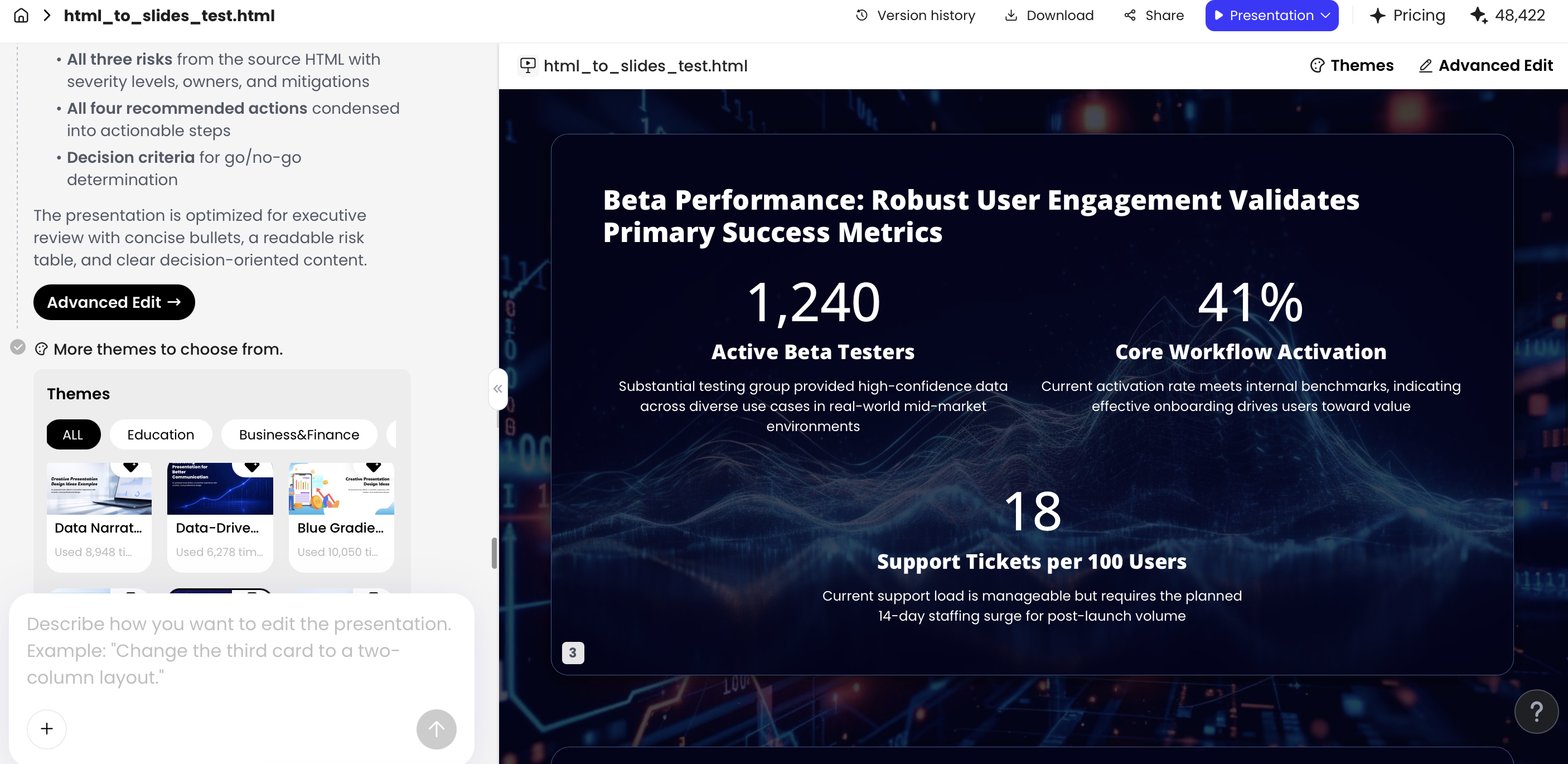 PopAi key metrics slide generated from an HTML report, showing an infographic-style KPI summary in an AI slide deck