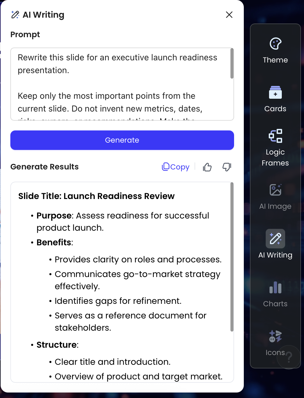 PopAi AI Writing generated rewrite displayed for review and copying in a presentation workflow