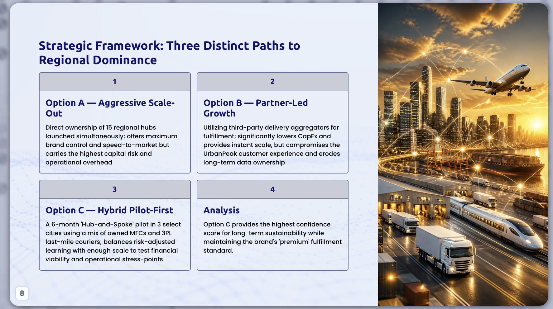 Sample executive strategy presentation slide in PopAi comparing three regional expansion paths in a decision framework